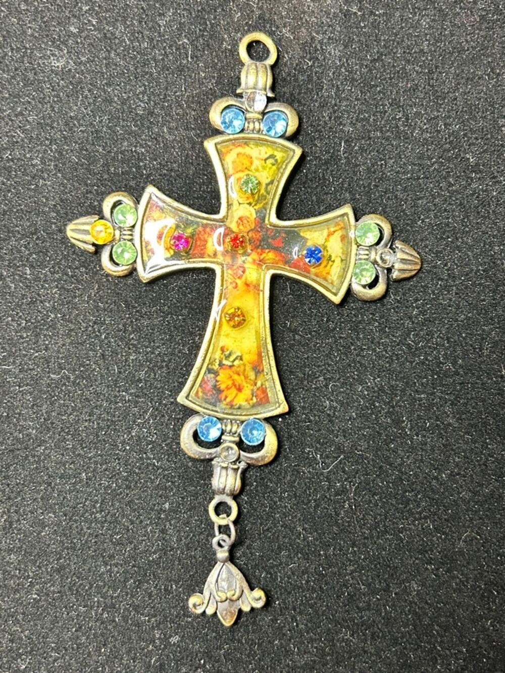Vintage Multicolored Enamel Floral Cross Pendant - Rhinestone Accents Statement